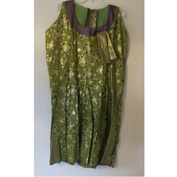 AFRICAN Handmade Ankara Dress Kaftan Mid/Knee Length Green/Brown Floral Ethnic - Picture 1 of 4